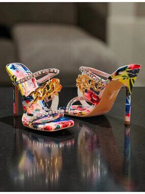 Floral Open-Toe High Heels With Rhinestone & Gold Chain Straps Multicolor Womens